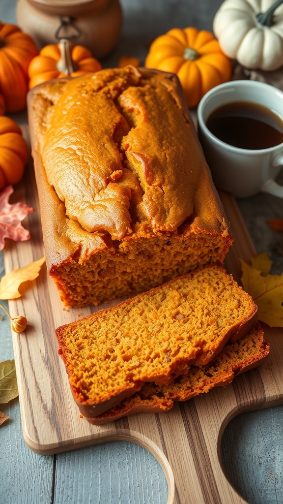 A golden brown loaf of pumpkin bread on a cutting board with autumn decorations.